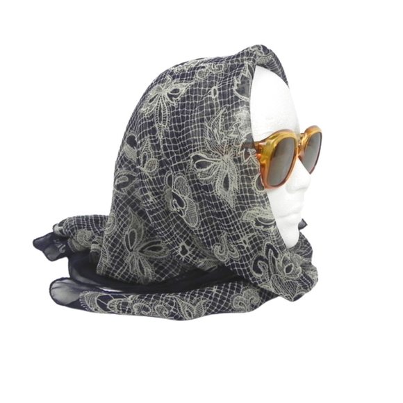 Sheer Navy Blue Lace Motif Scarf or Shawl - Picture 2 of 8